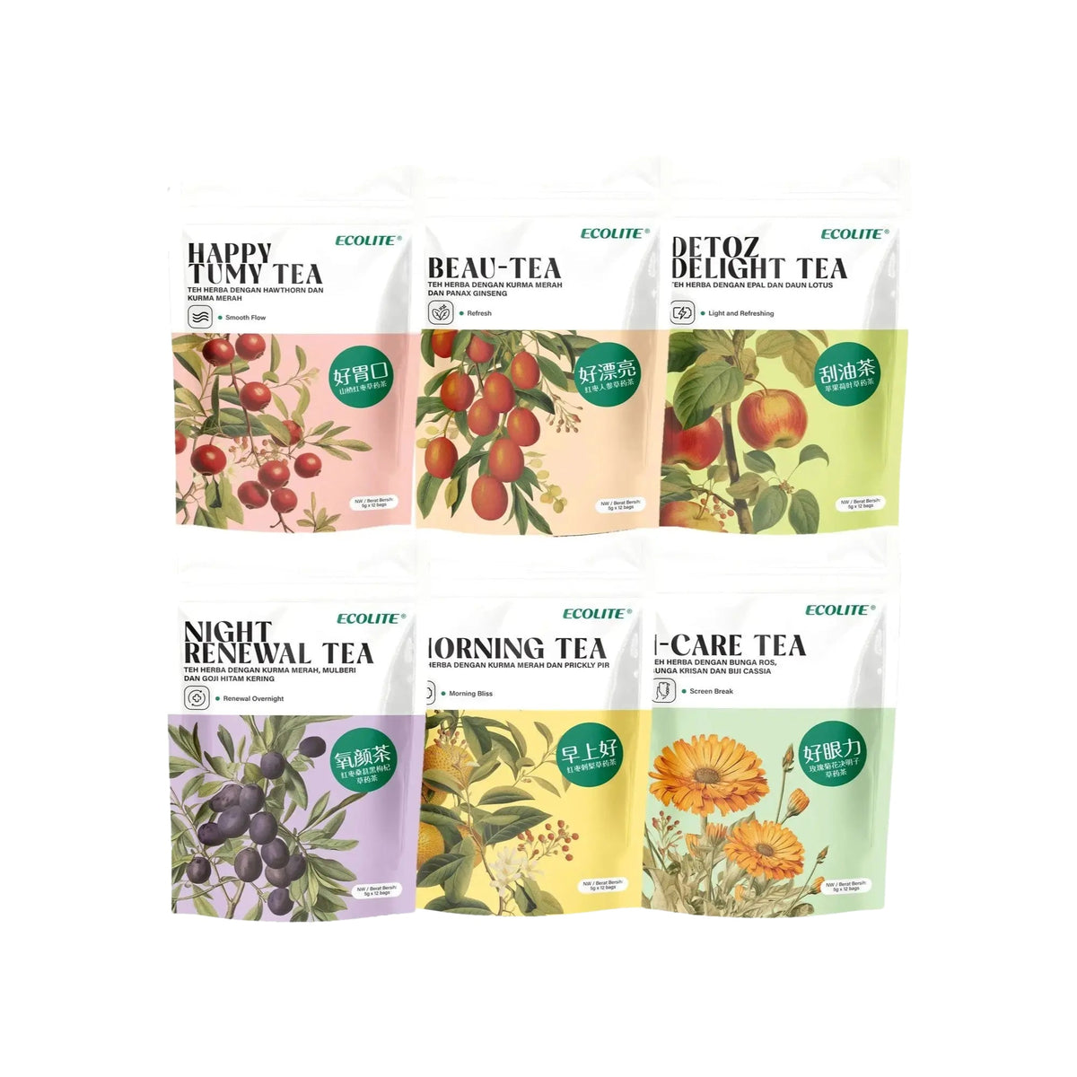 Ecolite Herbal Tea (Morning Tea/ Night Renewal Tea/ Detoz Delight Tea/ Beau-tea/ I-Care Tea/ Happy Tumy Tea) 5g ×12s